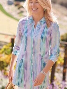 Soft Surroundings Striped Multicolor Ramie Blend 3/4  Sleeve Tunic Top W/Pockets